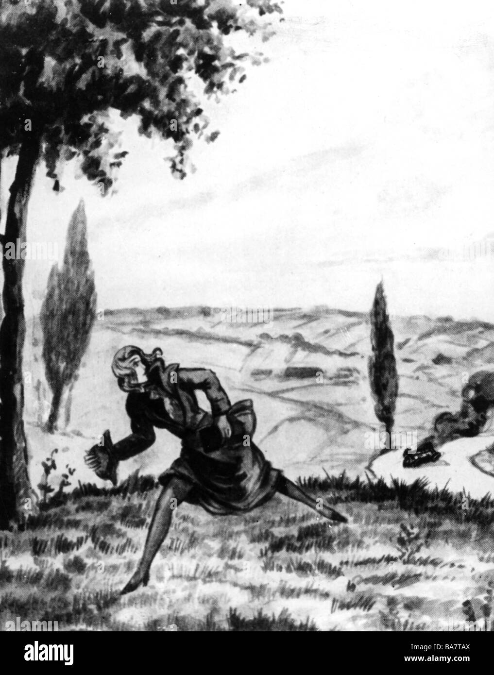Schragmueller, Elisabeth, 7.8.1892 - 1940, espía alemán, escena, dibujo francés, 'Mademoiselle Docteur corriendo lejos de un coche ardiente', Foto de stock