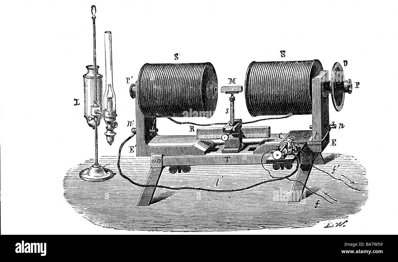 Faraday, Michael, 22.9.1791 - 25.8.1867, químico británico, físico, sus bobinas magnéticas, grabado de madera, siglo 19, Foto de stock