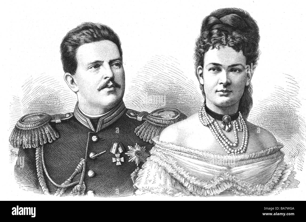 Vladimir Alexandrovich, 22.4. 1847 - 17.2.1909, Gran Duque de Rusia, con su esposa Marie de Mecklenburg-Schwerin, retrato, grabado en madera después del dibujo de J. Weiss, publicado con ocasión de su matrimonio, 28.8.1874, Foto de stock