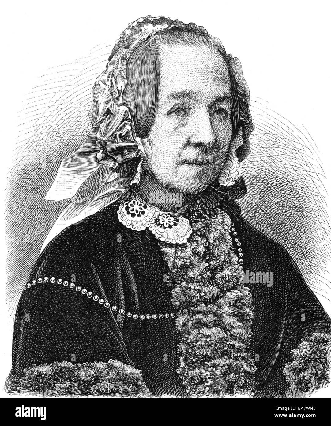 Bremer, Fredrika, 17.8.1801 - 31.12.1865, escritor / autor sueco, retrato, grabado con tapa, siglo 19, Foto de stock