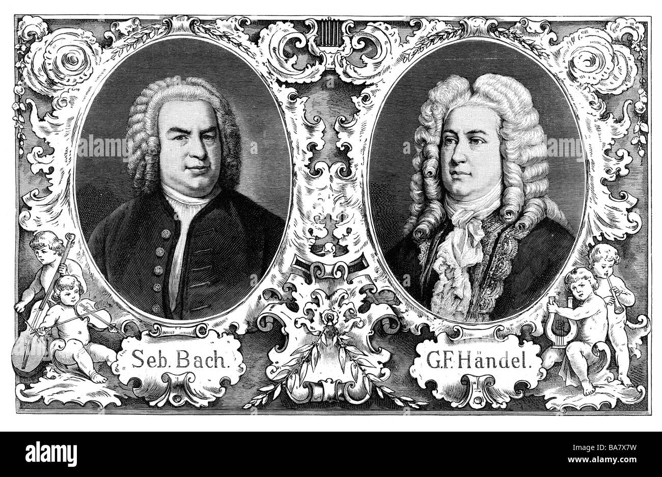 Handel, George Frederic, 23.2.1685 - 14.4.1759, compositor alemán, retrato, Johann Sebastian Bach además, grabado en madera, siglo 19, , Foto de stock
