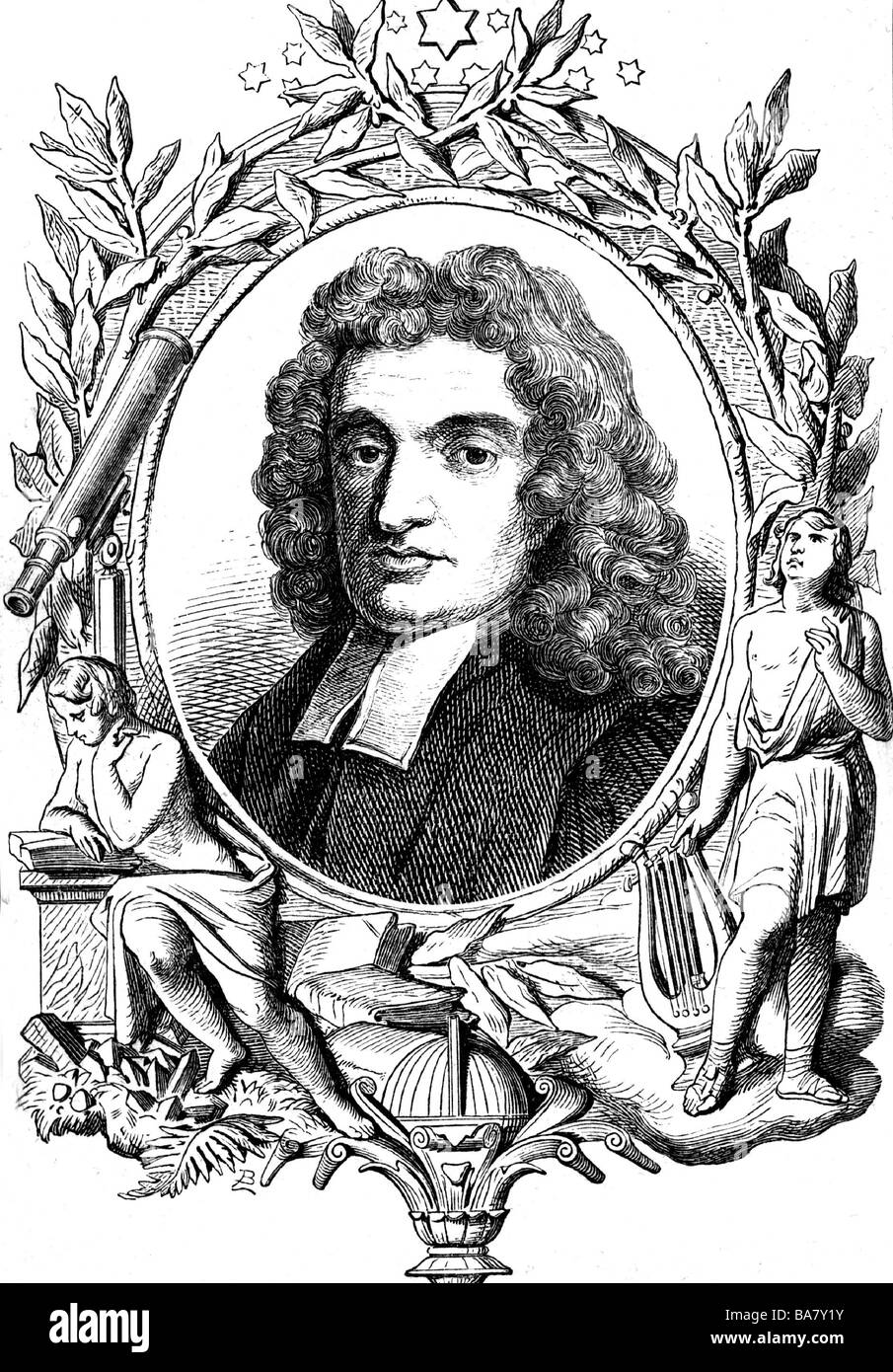 Flamsteed, John, 19.8.1646 - 31.12.1719, astrónomo inglés, retrato, grabado después de Gibson, con borde alegórico, , Foto de stock