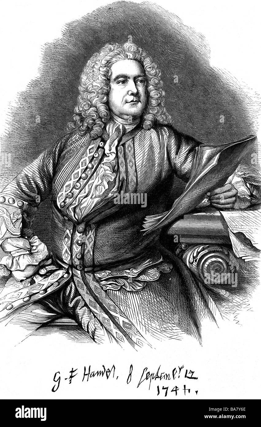 Handel, George Frederic, 23.2.1685 - 14.4.1759, compositor alemán, mitad de longitud, grabado en madera, siglo 19, después de la pintura de Hudson, 8.9.1744, , Foto de stock