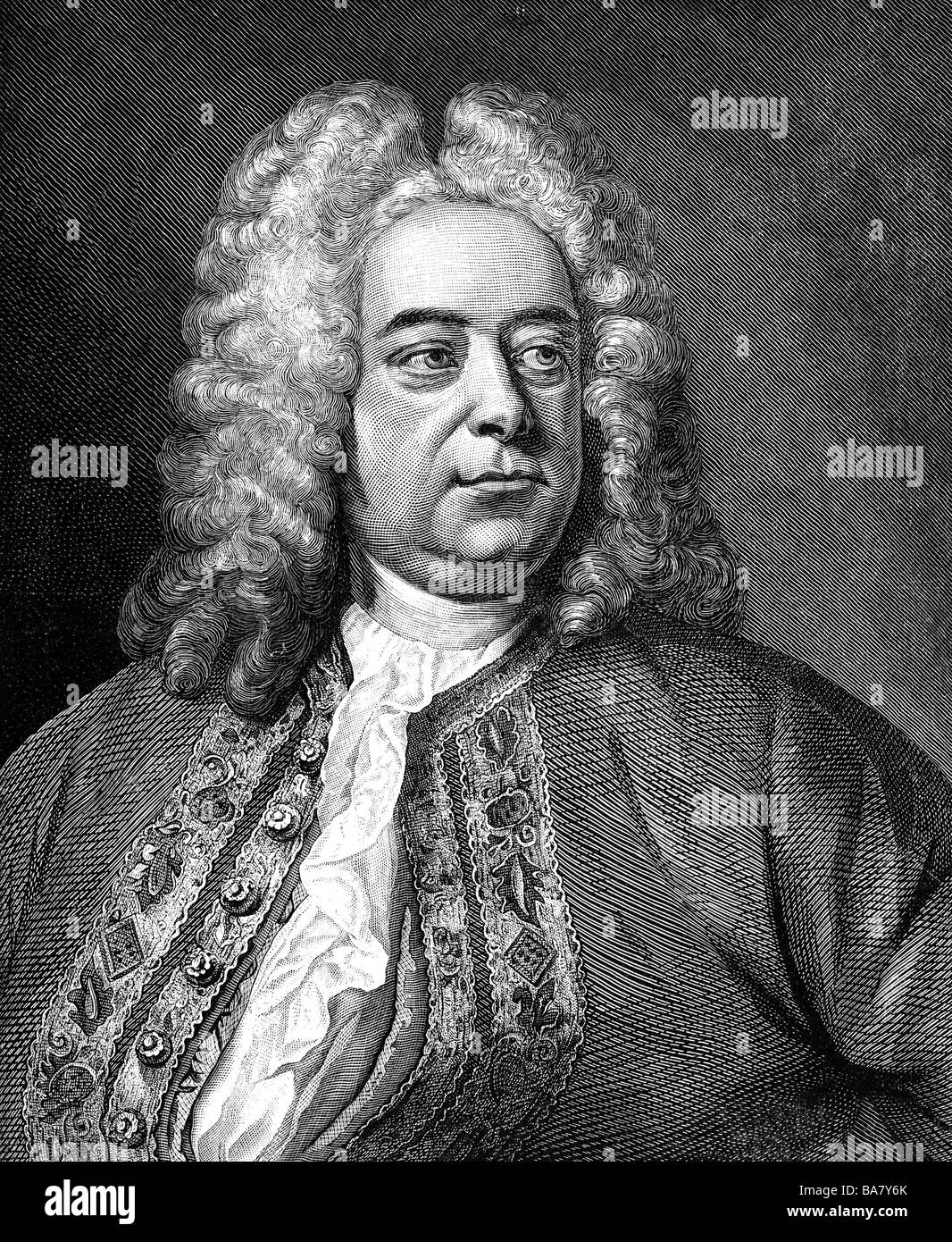 Händel, George Frederic, 23.2.1685 - 14.4.1759, compositor alemán, retrato, grabado en cobre, del siglo XVIII, , Artist's Copyright no ha de ser borrado Foto de stock