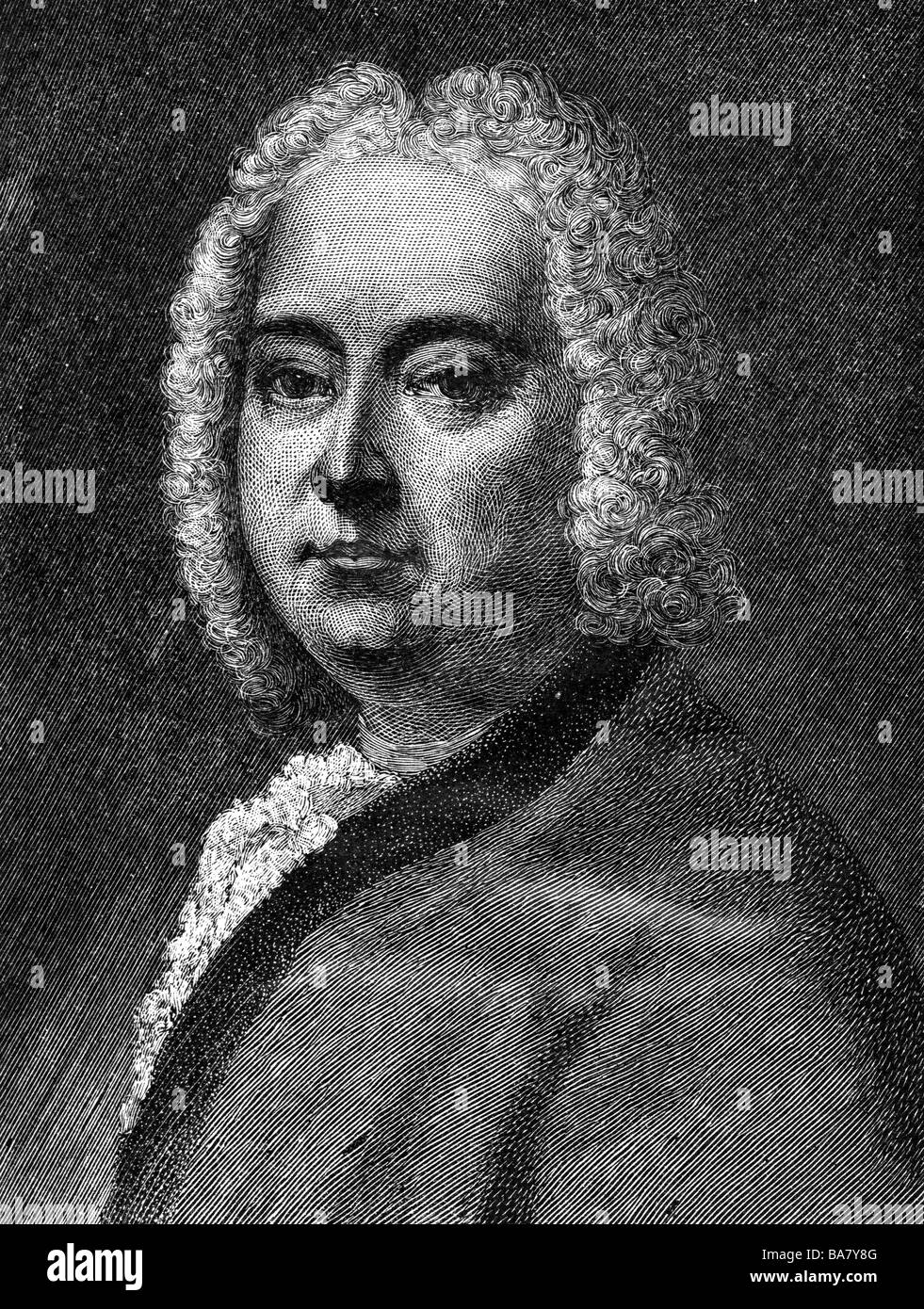 Handel, George Frederic, 23.2.1685 - 14.4.1759, compositor alemán, retrato, grabado en madera por Moritz Klinkicht, siglo 19, , Foto de stock