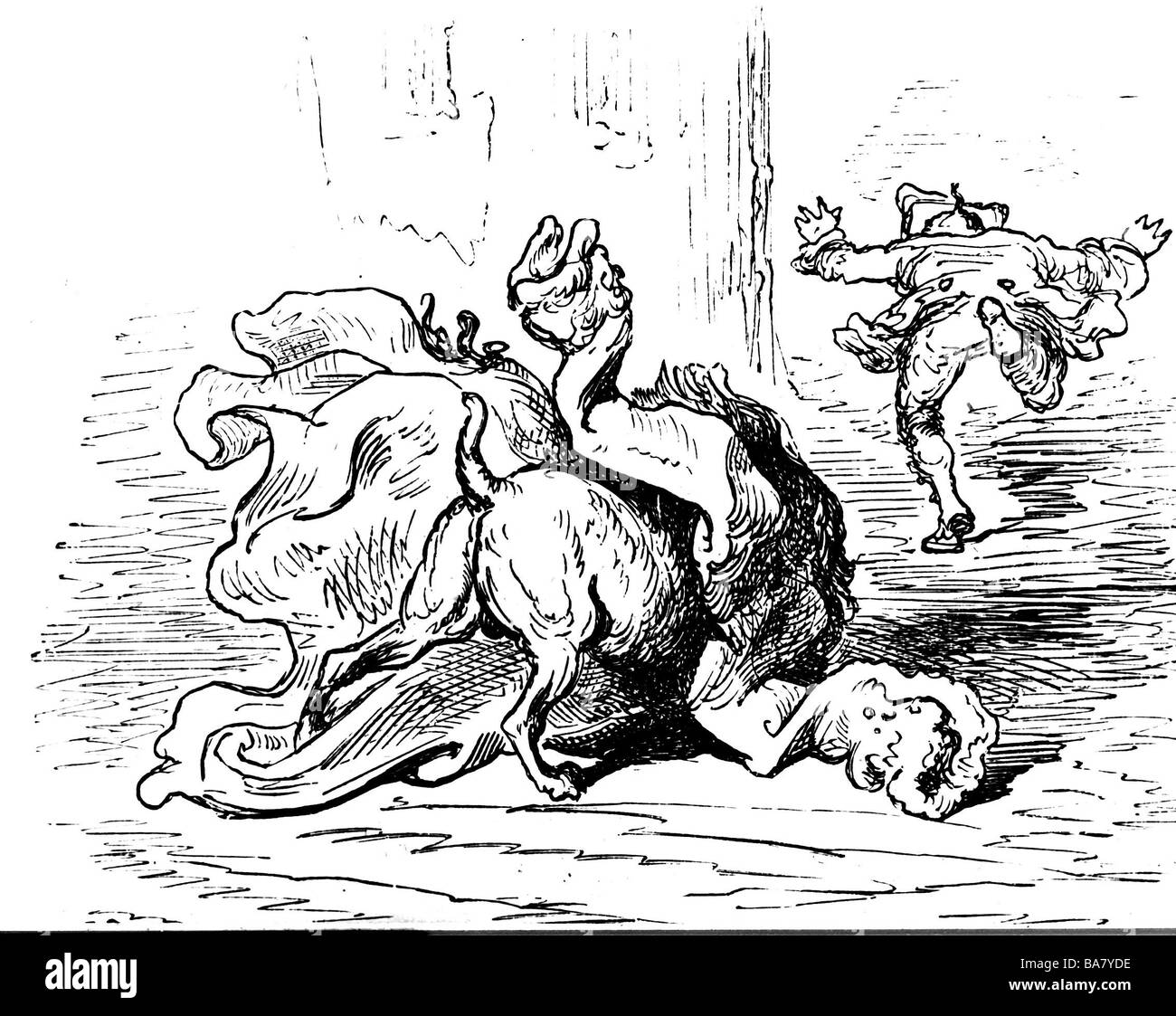 Münchhausen, Barón Karl Friedrich Hieronymus, Freiherr von, 11.5.1720 - 22.2.1797, el trabajo, escena de sus aventuras: Su perro está luchando con su abrigo, grabado en madera siglo 19, Munchhausen, Muenchhausen, , Foto de stock
