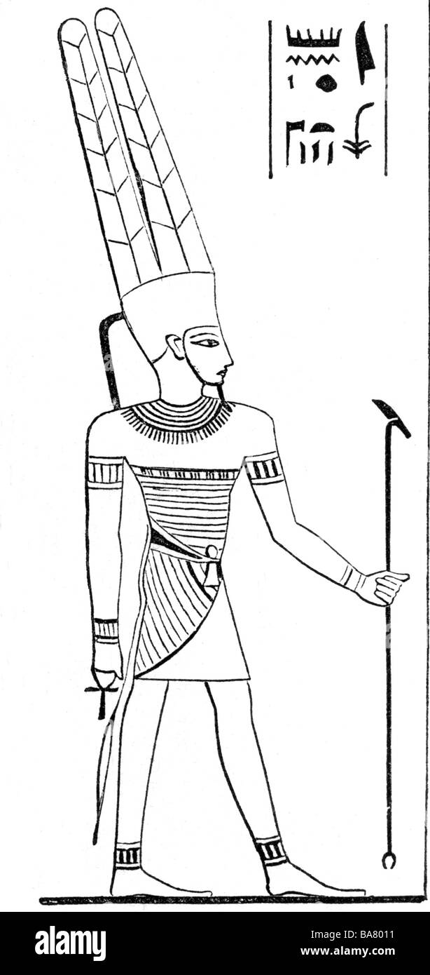 Amón, dios egipcio del viento, longitud completa, dibujo después de la relevación egipcia, Foto de stock