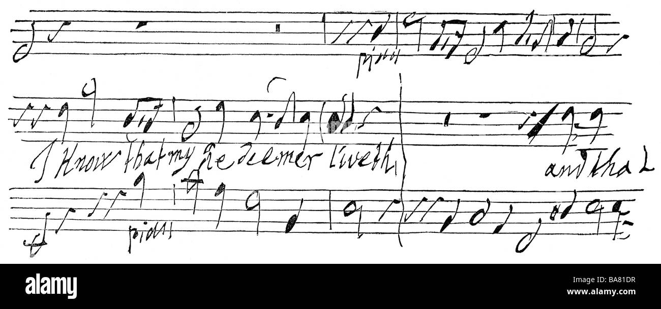 Handel, George Frederic, 23.2.1685 - 14.4.1759, compositor alemán, obras, oratorio 'Messiah' (1742), hoja de música, grabado de madera, siglo 19, , Foto de stock