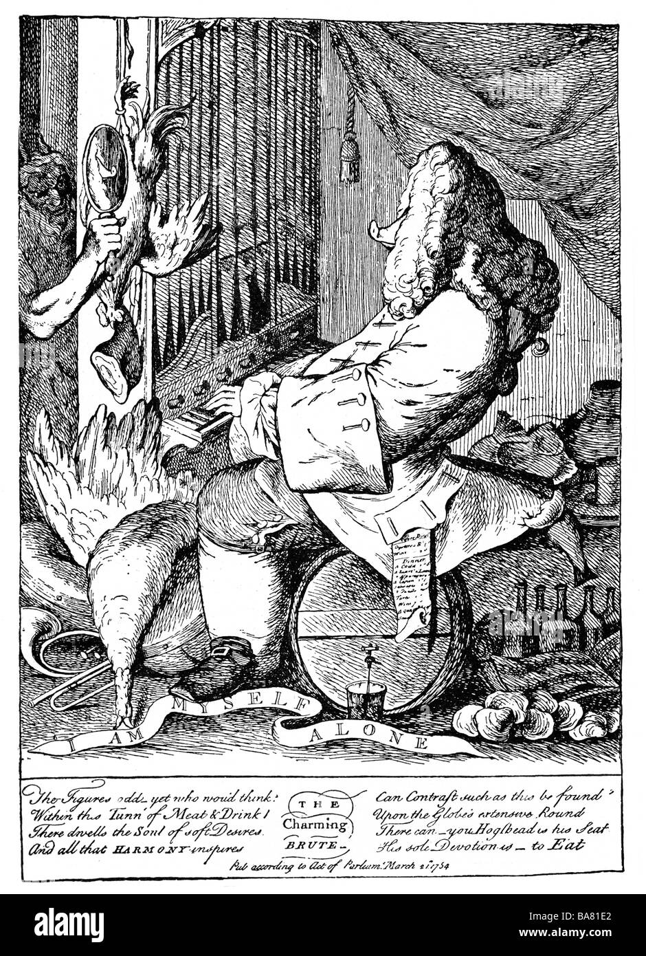 Händel, George Frederic, 23.2.1685 - 14.4.1759, compositor alemán, una caricatura, 'El encantador brute', grabado en cobre por José Goupy, Inglaterra, 1754, Copyright del artista no ha de ser borrado Foto de stock