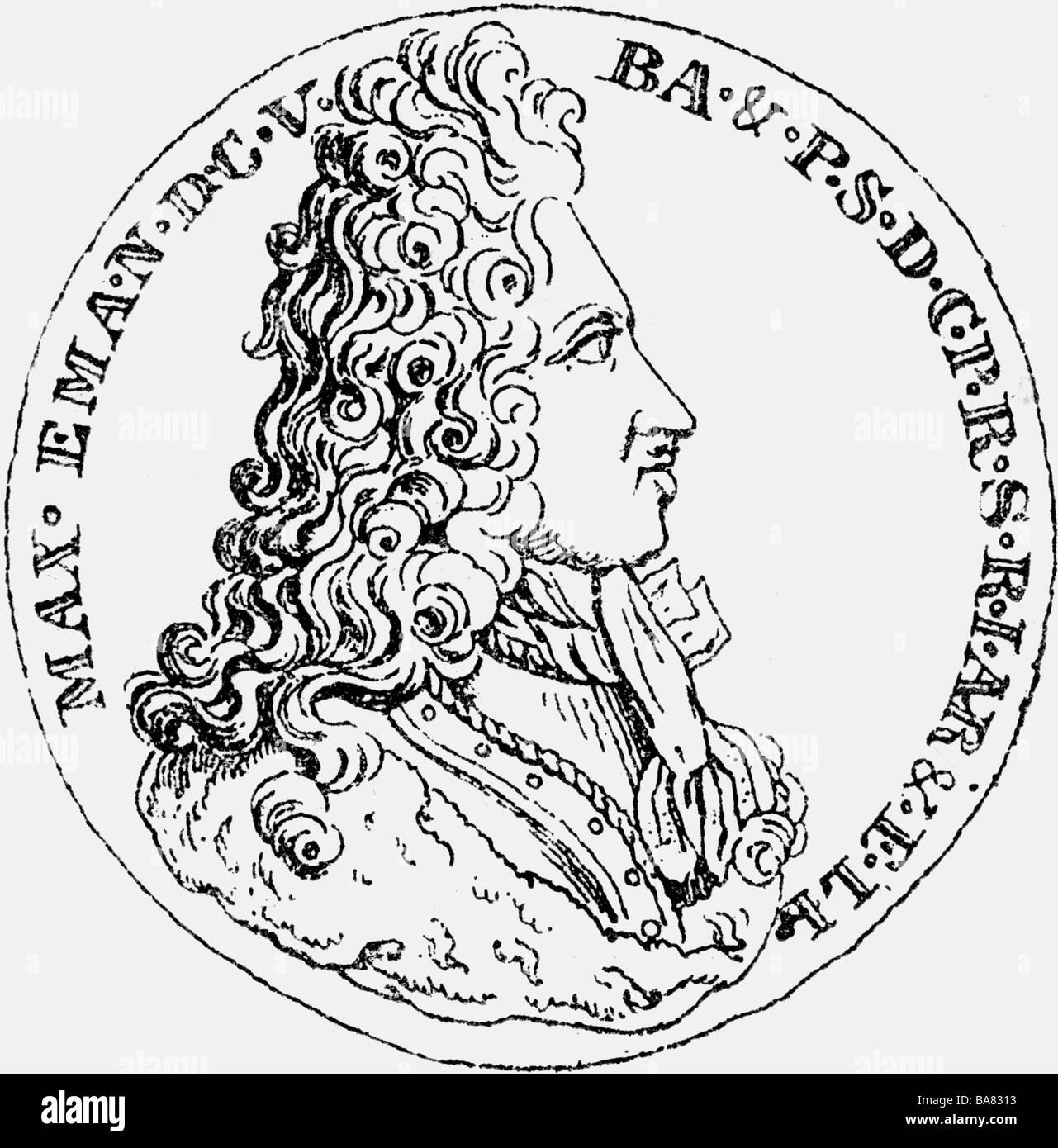Maximilian II Emanuel , 11.7.1662 - 26.2.1726, elector de Baviera 26.5.1679 - 26.2.1726, retrato, medalla, circa 1700, grabado en madera, siglo 19, , Foto de stock