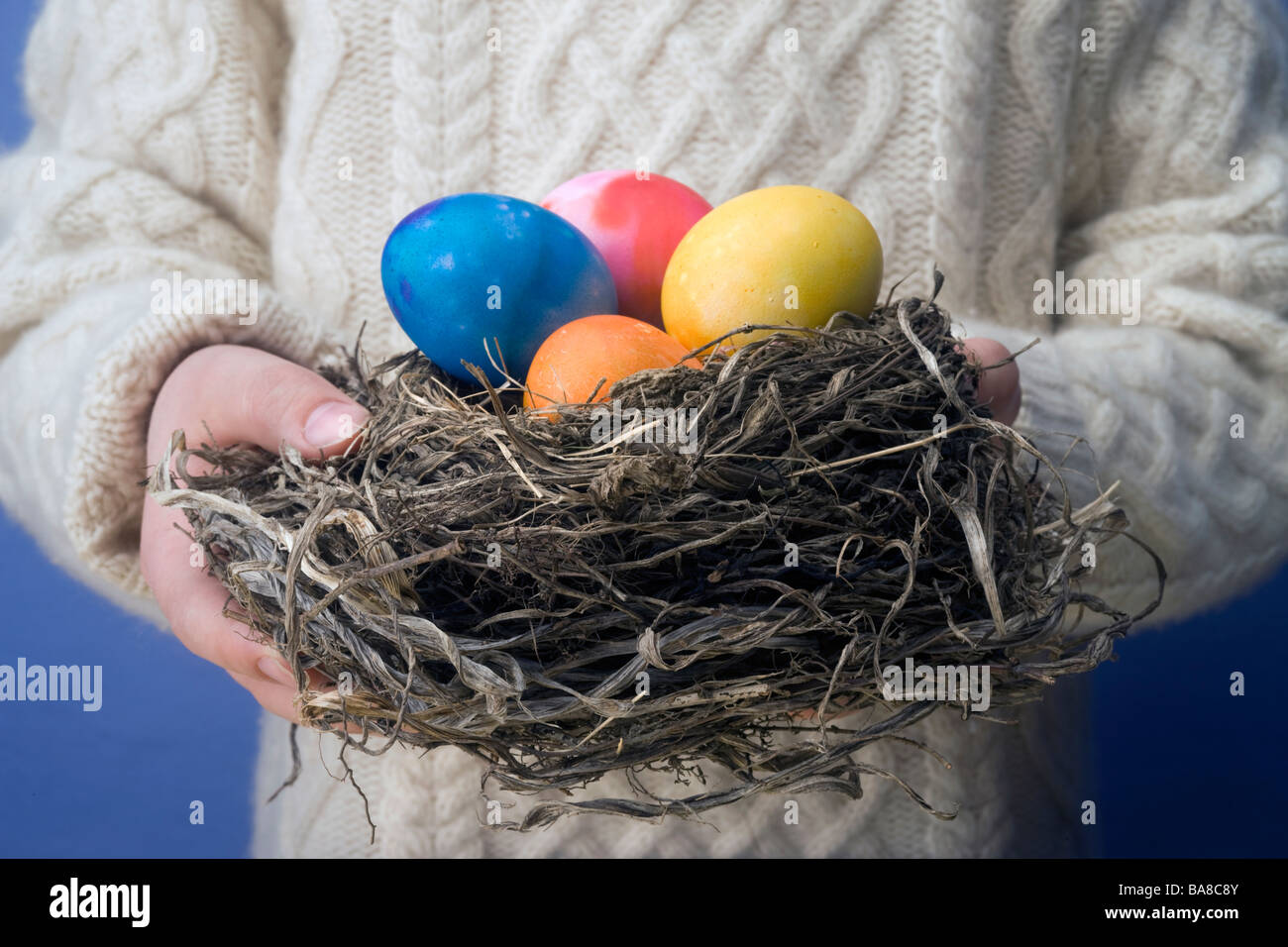 Hijo de pie manteniendo los huevos de Pascua pintados en aves anidan en las manos Foto de stock