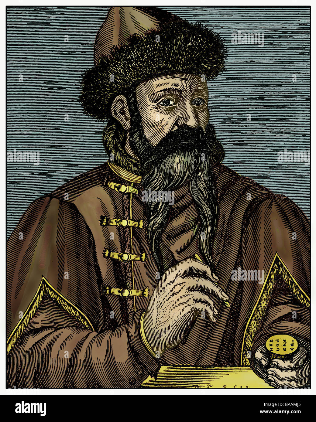 Gutenberg, Johannes Gensfleisch zur Laden zum, circa 1400 - 3.2.1468, orfebre alemán e impresora, retrato, corte de madera, color posterior, 1584, Foto de stock