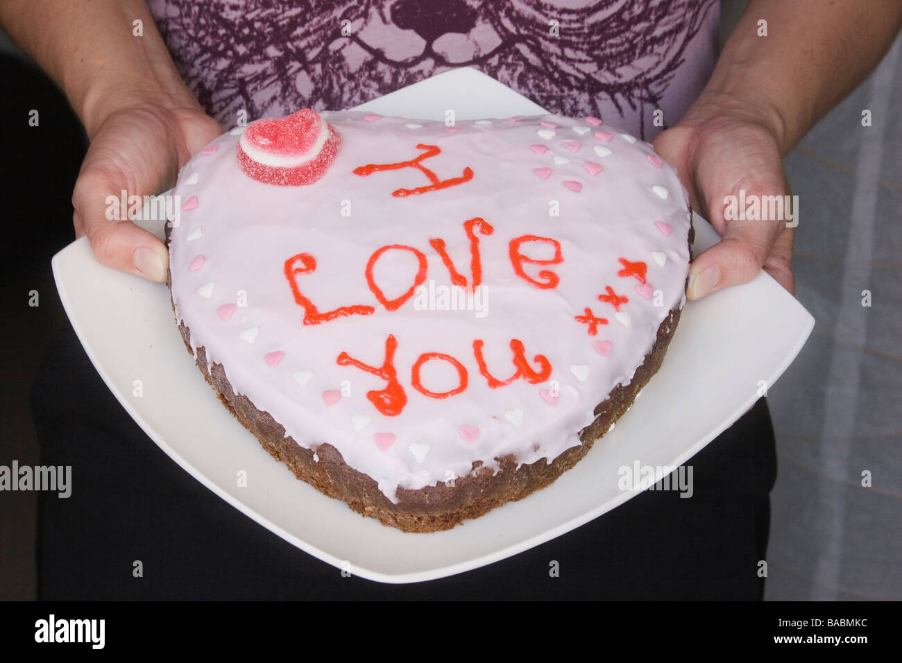 Mujer de manos sosteniendo casera pastel en forma de corazón decoradas con las palabras Te Amo escrito en rosa guinda Foto de stock