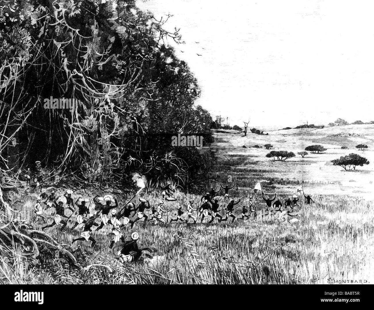 Stanley, Henry Morton (nacido: John Rowlands), 28.1.1841 - 10.5.1904, british Africa explorer, escena de su expedición al Congo, 4.12.1887, grabado por G. Montbard, Foto de stock