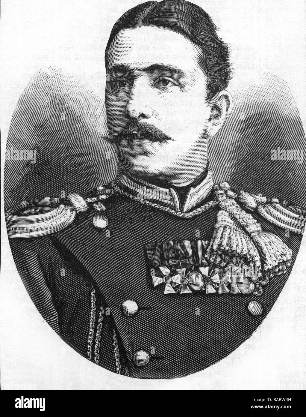 Alexander I., 5.4.1857 - 17.11.1893, Príncipe de Bulgaria 29.4.1879 - 3.9.1886, retrato en oval, grabado en madera, siglo XIX, Foto de stock