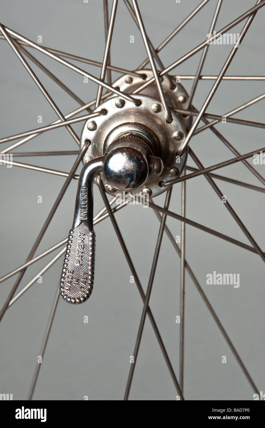 Cubo delantero y los radios de una rueda de bicicleta incluyendo quick  release Fotografía de stock - Alamy