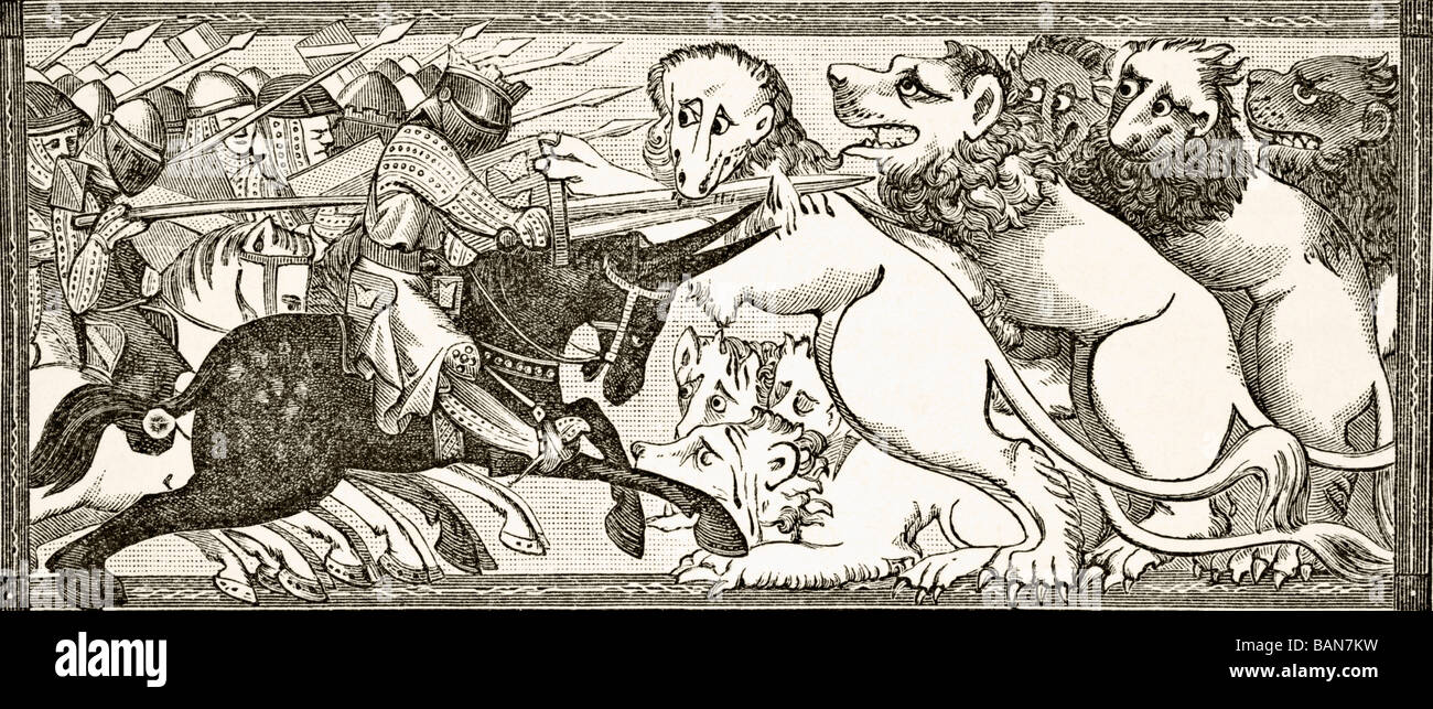 Cómo Alexander luchaban con leones blancos tan grandes como toros. Foto de stock