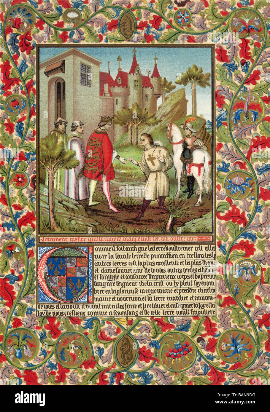 Guillaume de Mandeville, 3º conde de Essex, primera creación, nacido ? Murió 1189, cumple con el rey Ricardo I en frente de un castillo francés. Foto de stock