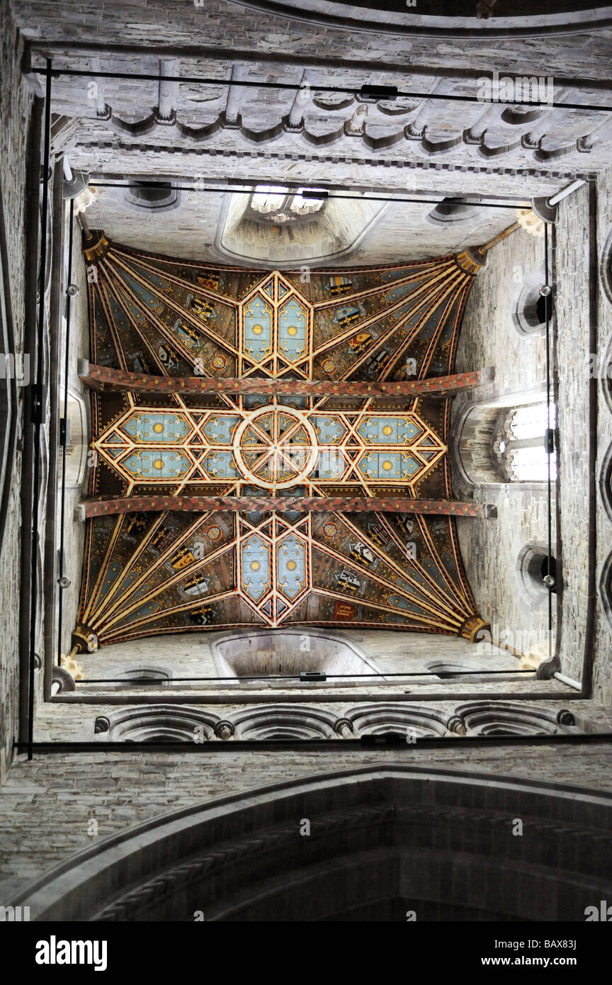 Interior de la torre de la Catedral de Saint Davids techo Linterna Saint Davids ciudad Pembrokeshire Cymru de Gales GB de Gran Bretaña. Foto de stock