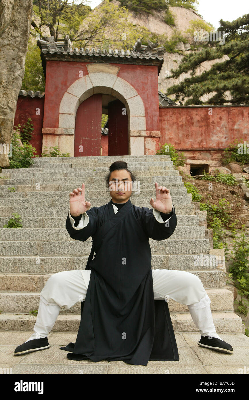 Monje taoísta Zhang Qingren demostrando el Tai Chi, Hou Shi Wu templo, el monte Tai, Tai Shan, en la provincia de Shandong, Patrimonio de la humanidad, UNES Foto de stock