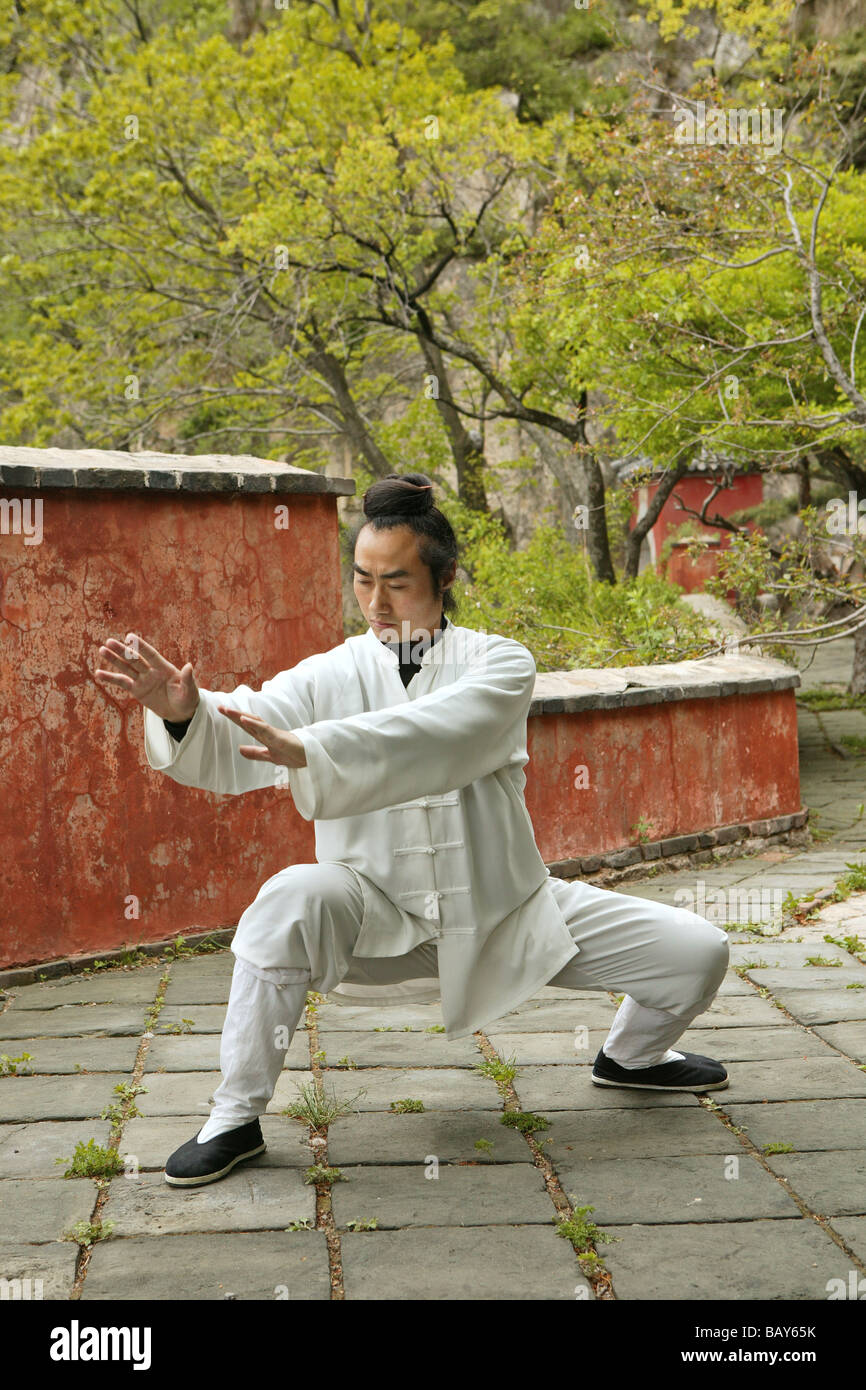 Monje taoísta Zhang Qingren acerca de demostrar el Tai Chi, Hou Shi Wu templo, el monte Tai, Tai Shan, en la provincia de Shandong, Heritag mundial Foto de stock