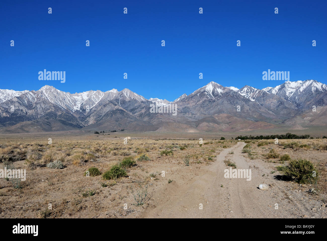 Mirando al oeste de la ciudad de independencia hacia la ladera oriental de la Sierra Nevada en California Foto de stock