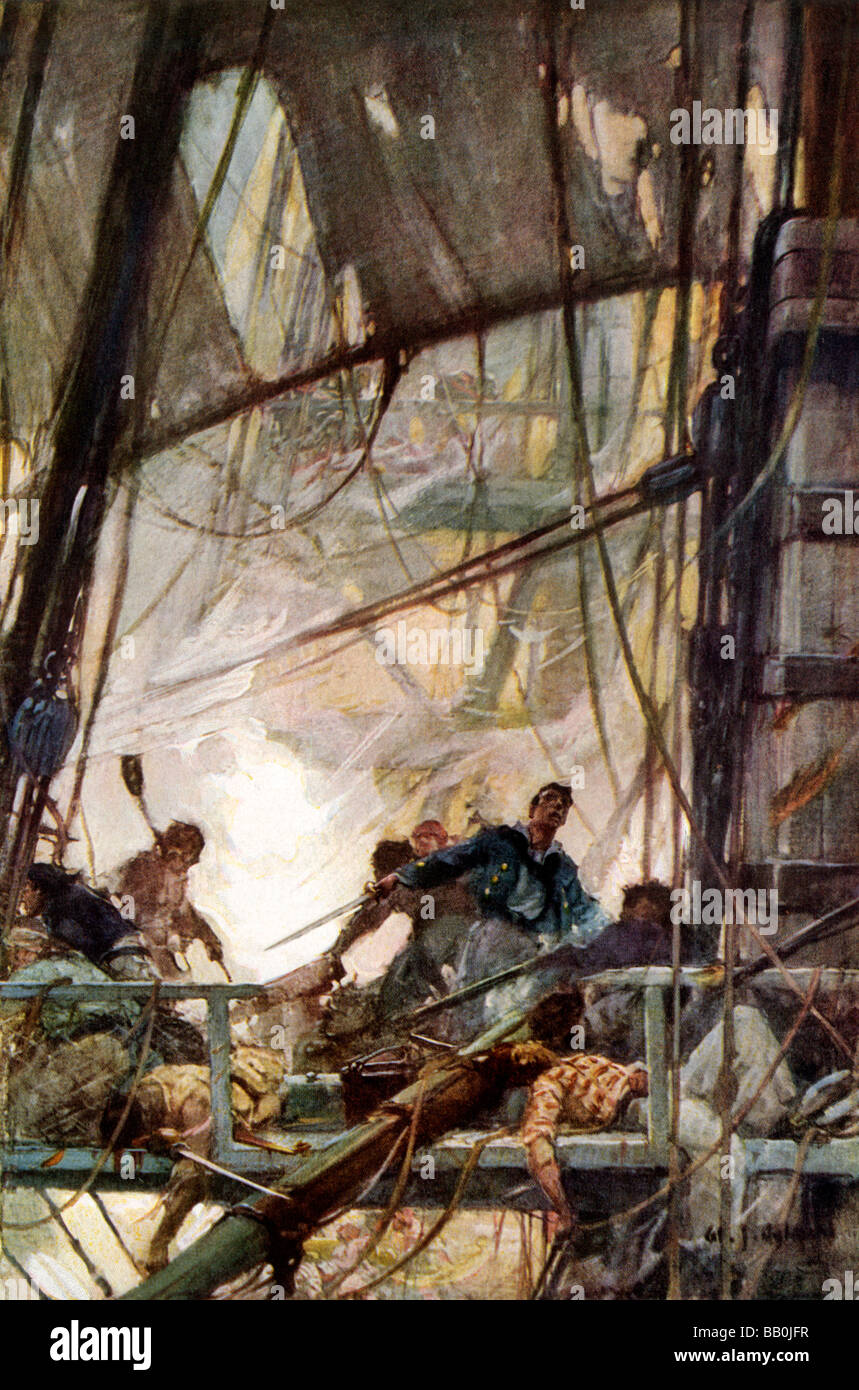 Los combates en la fragata mizzentop del Chesapeake durante una batalla naval, la guerra de 1812. Semitono de color de ilustración. Foto de stock
