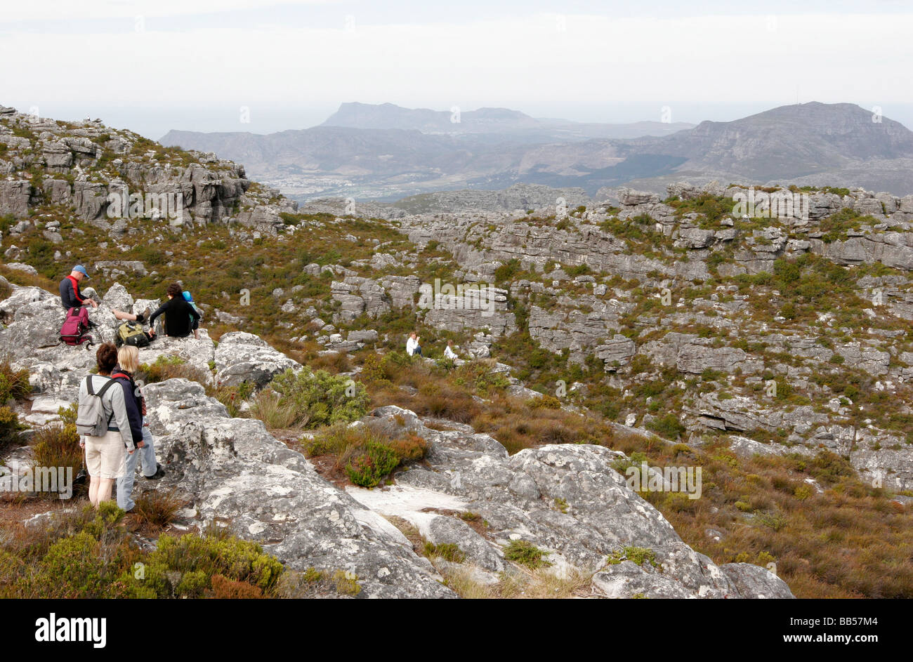 Mirando hacia el sur desde la cima de la montaña de la Mesa en Ciudad del Cabo, Sudáfrica Foto de stock