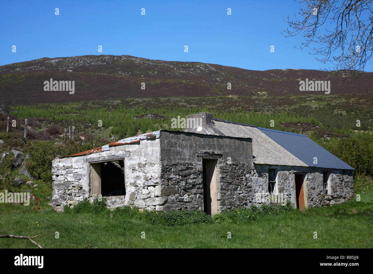 Viejos abandonados irlandeses rurales remotas en los edificios de la granja Slieve Gullion mountain en el Anillo de Gullion sur del condado de Armagh Foto de stock