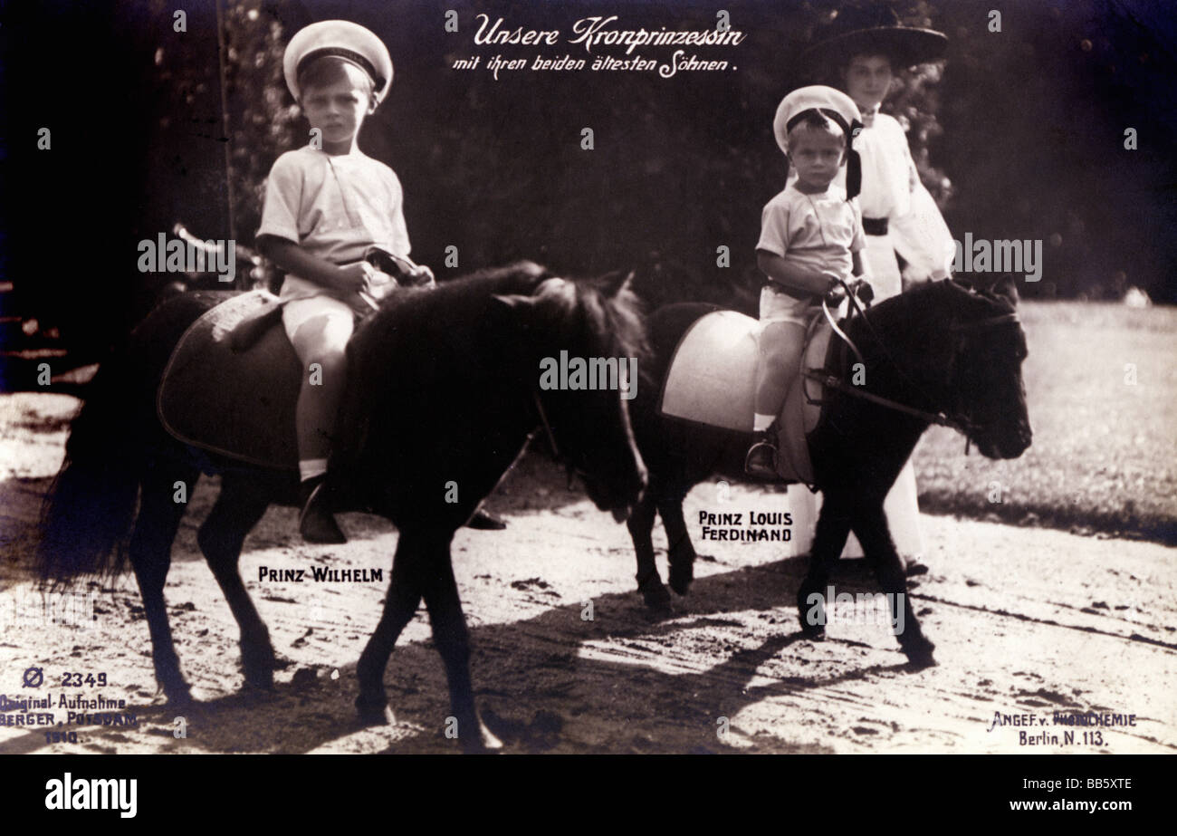 Cecilie, 20.9.1886 - 6.5.1954, la princesa de la corona alemana 6.6.1905 - 9.11.1918, con sus hijos el príncipe Guillermo y el príncipe Luis Fernando, la postal del cuadro, G. Berger, Potsdam, 1910, , Foto de stock