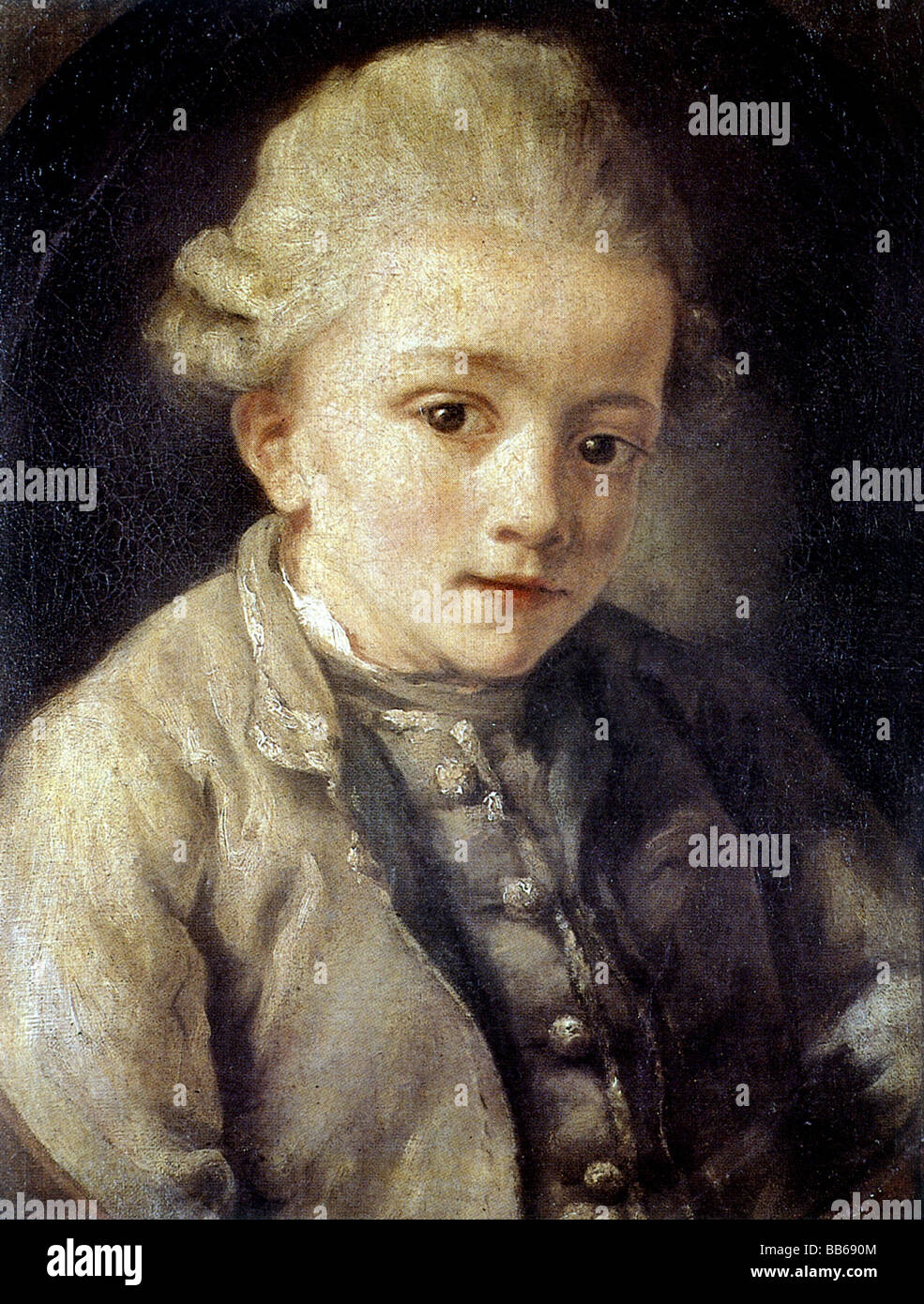 Mozart, Wolfgang Amadeus, 27.1.1756 - 5.12.1791, compositor austriaco, retrato (no autenticado), pintura, atribuido a Jean Baptiste Greuze (1725 - 1805), 1763 - 1764, Foto de stock