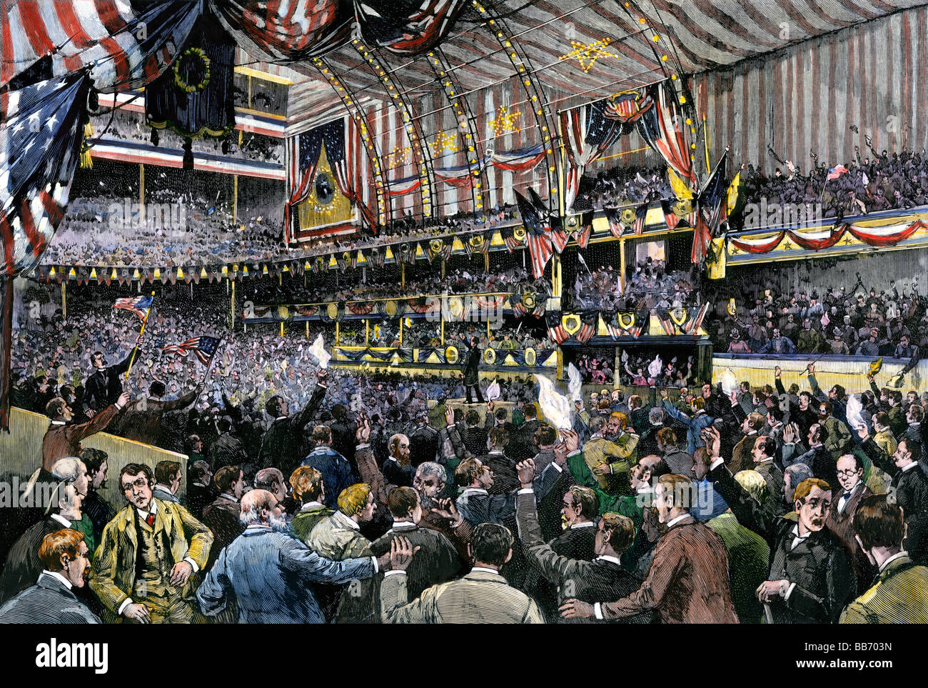 Convención Republicana Benjamin Harrison de nominaciones en el Auditorio, Chicago, 1888. Xilografía coloreada a mano Foto de stock
