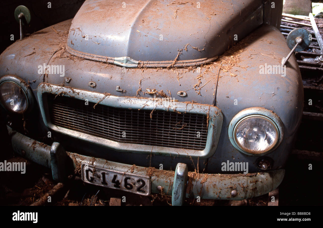 Joven sueca Volvo desde el 60s en un granero Foto de stock