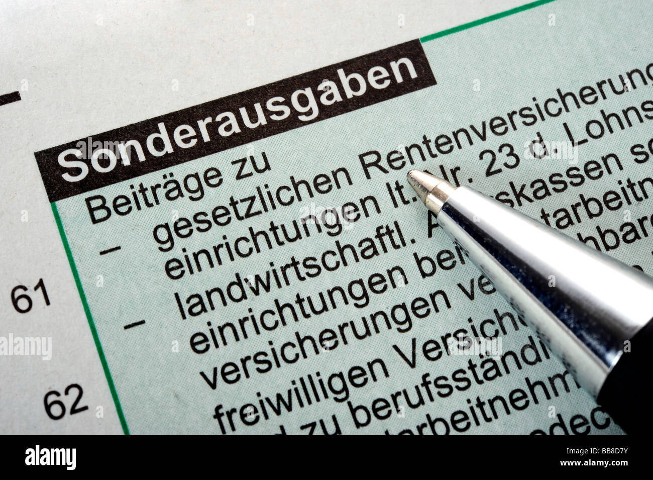 Impuesto sobre la renta alemán formulario Sonderausgaben, costes adicionales Foto de stock