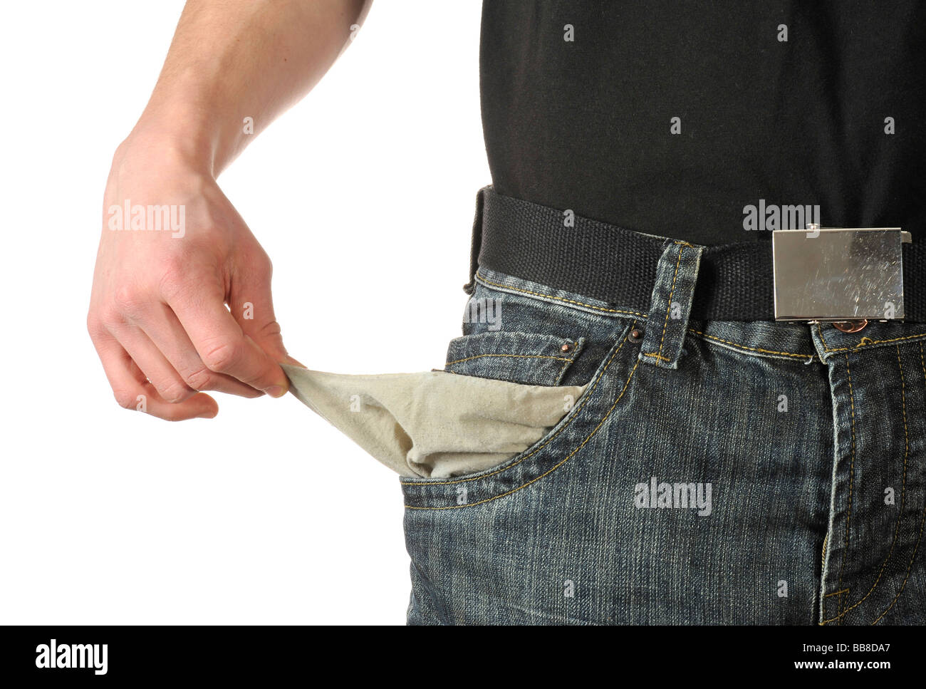 Vacíe el bolsillo del pantalón, imagen simbólica para personal bankrupty Foto de stock