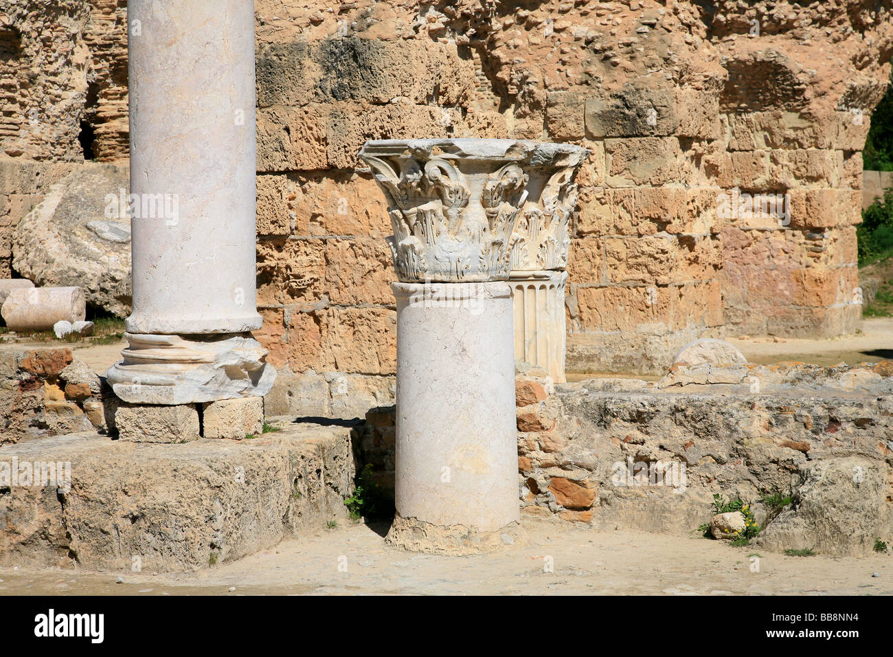 Columnas romanas en las Termas de Antonino en Cartago, Túnez Foto de stock