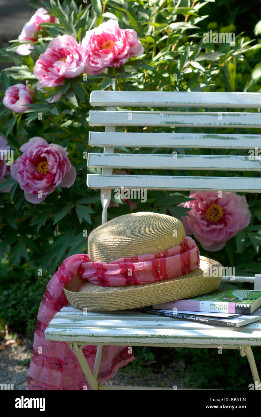 Jardín escena con sombrero y blooming peonoes Foto de stock