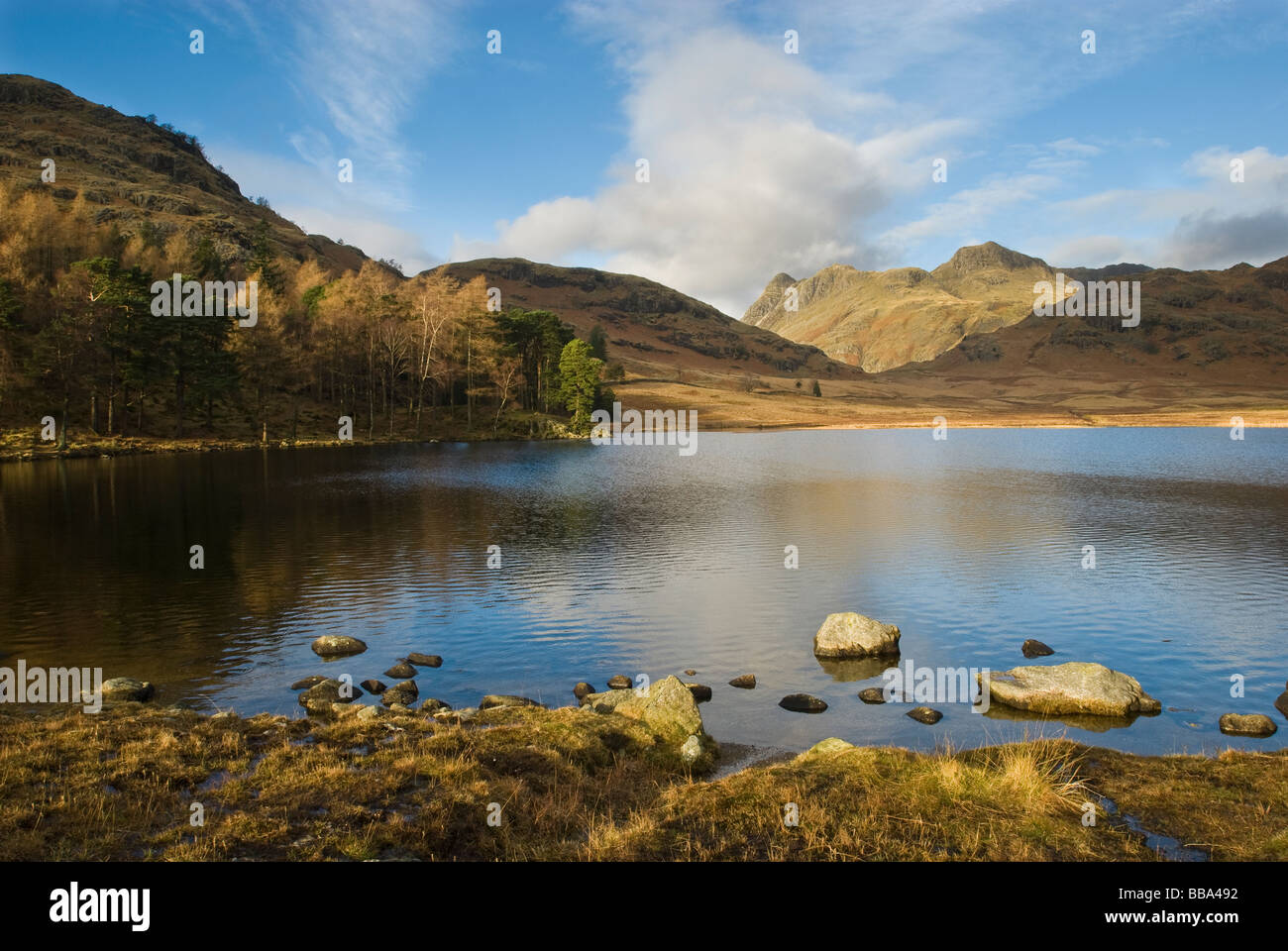 Mirando hacia Great Langdale sobre Blea Tarn, Lake District, Cumbria, Reino Unido. Foto de stock