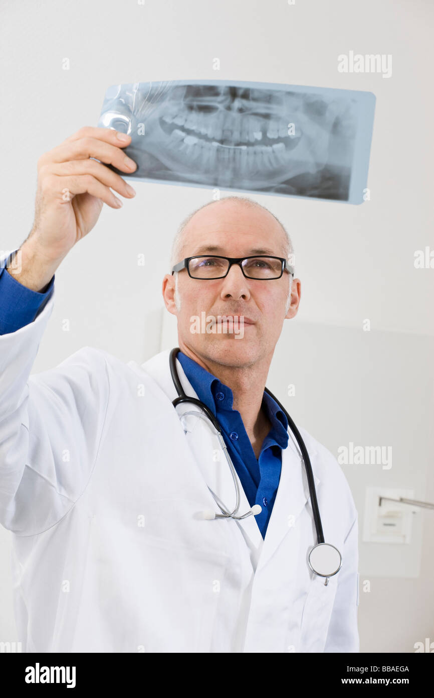 Un dentista sosteniendo una placa de rayos X Foto de stock