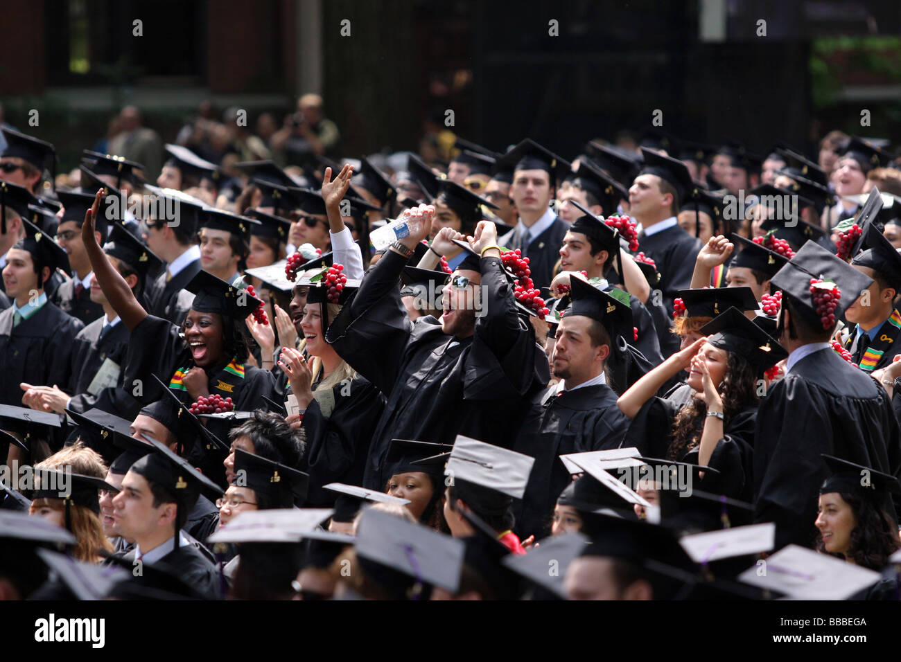 Los graduados de la Universidad de Yale cheer mientras reciben su grado en las ceremonias de iniciación de Yale Foto de stock