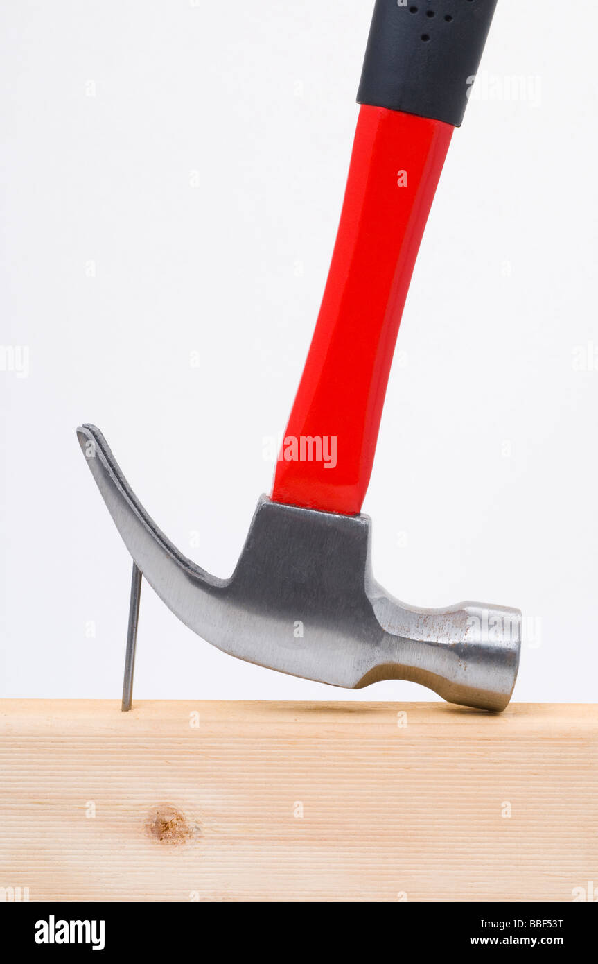 Utilizando un martillo de orejas para extraer un clavo de la madera Foto de stock