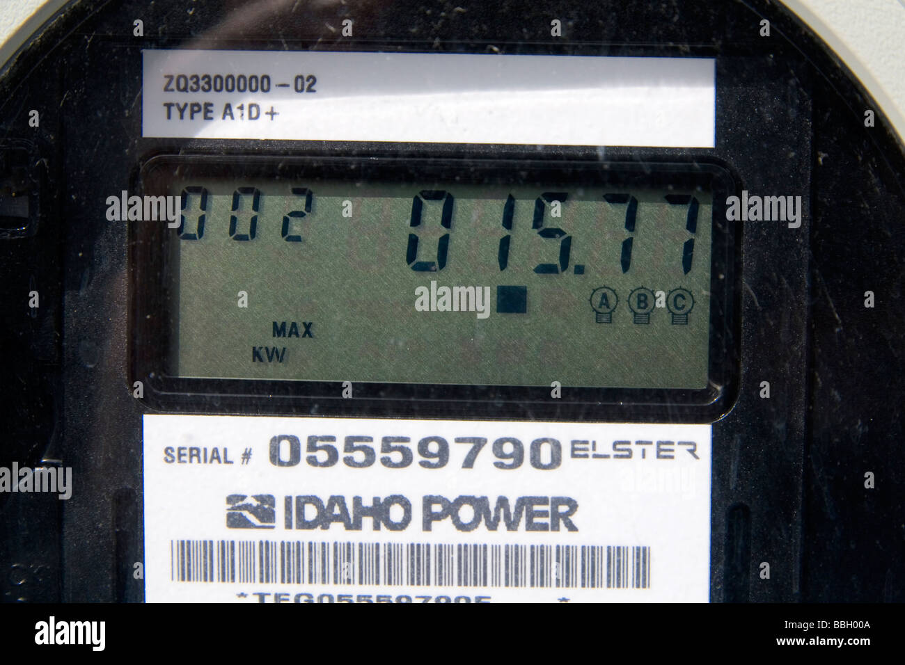 Medidor eletricity digital muestra el uso y la tasa de consumo para consumidores en Boise, Idaho, EE.UU. Foto de stock