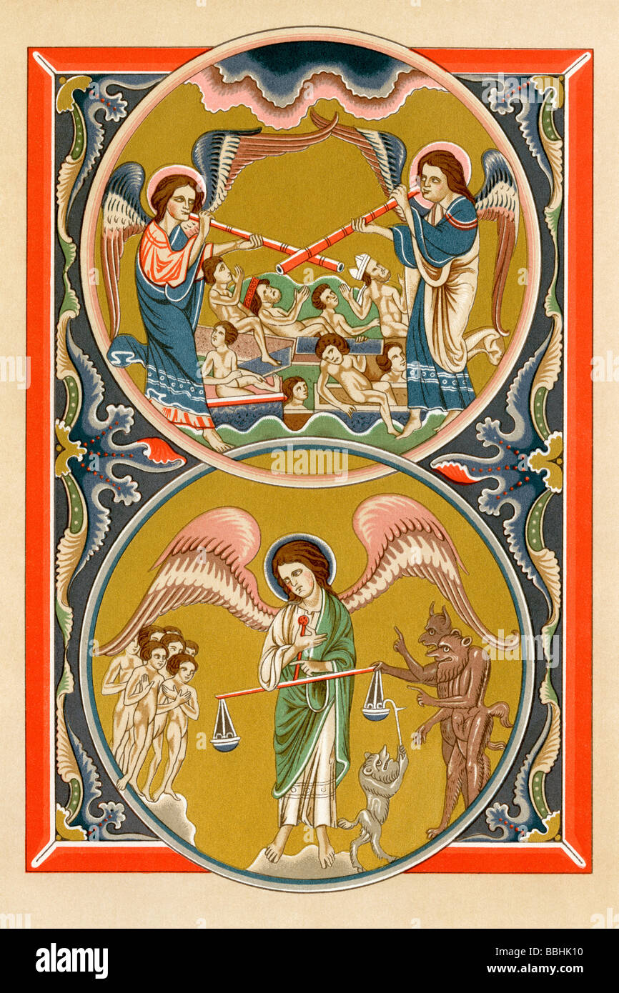 La resurrección de los muertos y el pesaje de las almas en el Juicio Final. Litografía en color de una miniatura del siglo XIII. Foto de stock