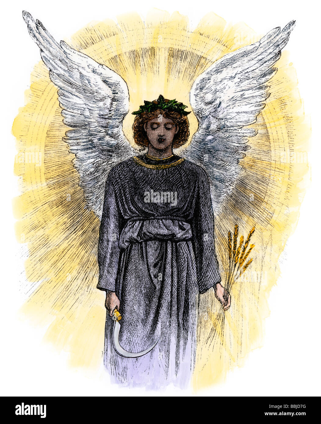 Ángel con la hoz y tallos de grano que representa la muerte. Xilografía coloreada a mano Foto de stock