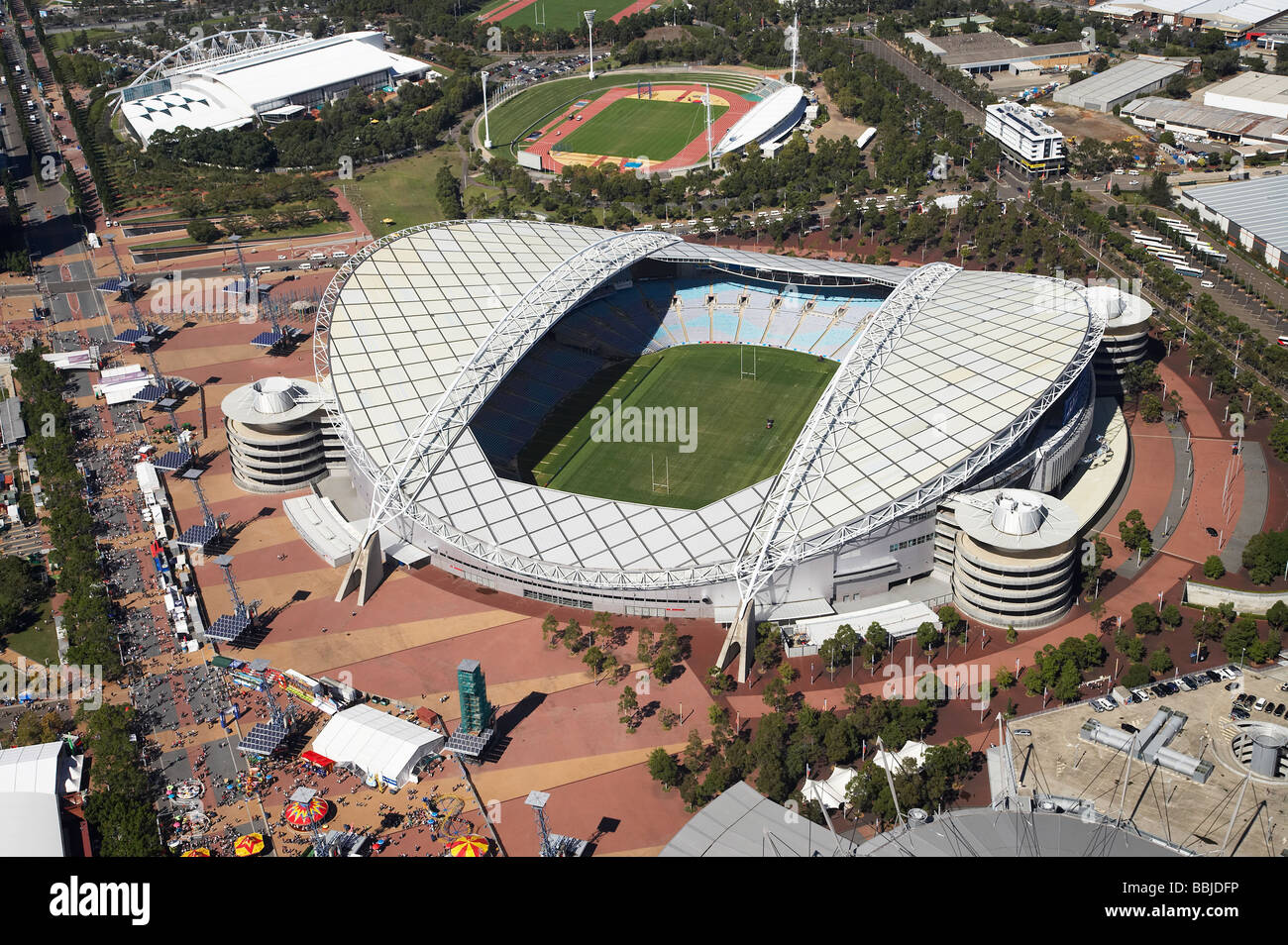 Estadio ANZ Stadium Australia previamente la bahía de Homebush Olympic Park, Sydney, New South Wales Australia antena Foto de stock