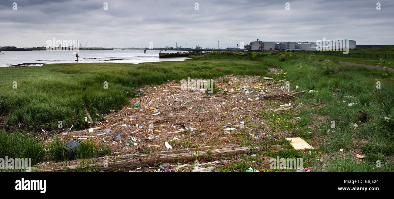 Los residuos plásticos se lavan en la Essex el embalse del río Támesis. Foto de stock