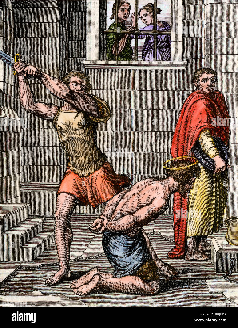 La decapitación de Juan el Bautista por orden del rey Herodes. Xilografía coloreada a mano Foto de stock