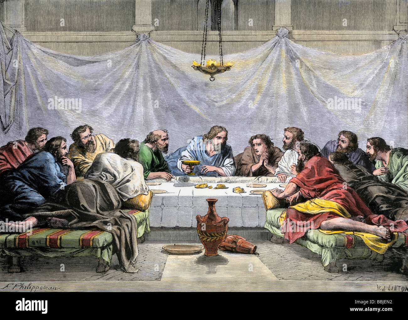 Jesús ofrece vino a los discípulos en la última Cena. Xilografía coloreada a mano Foto de stock