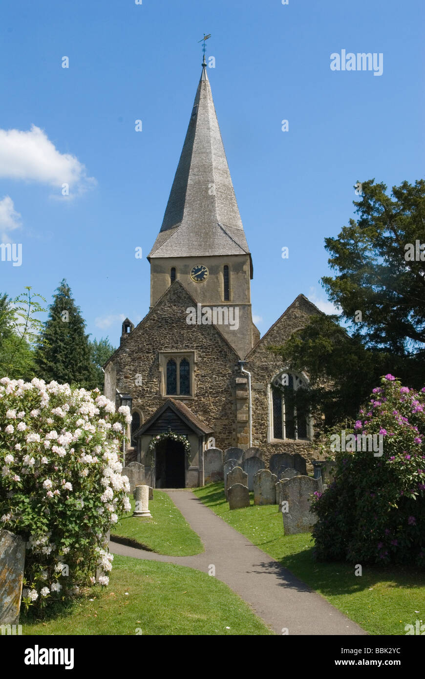 Shere Surrey, un pueblo inglés típico de St James Iglesia HOMER SYKES Foto de stock