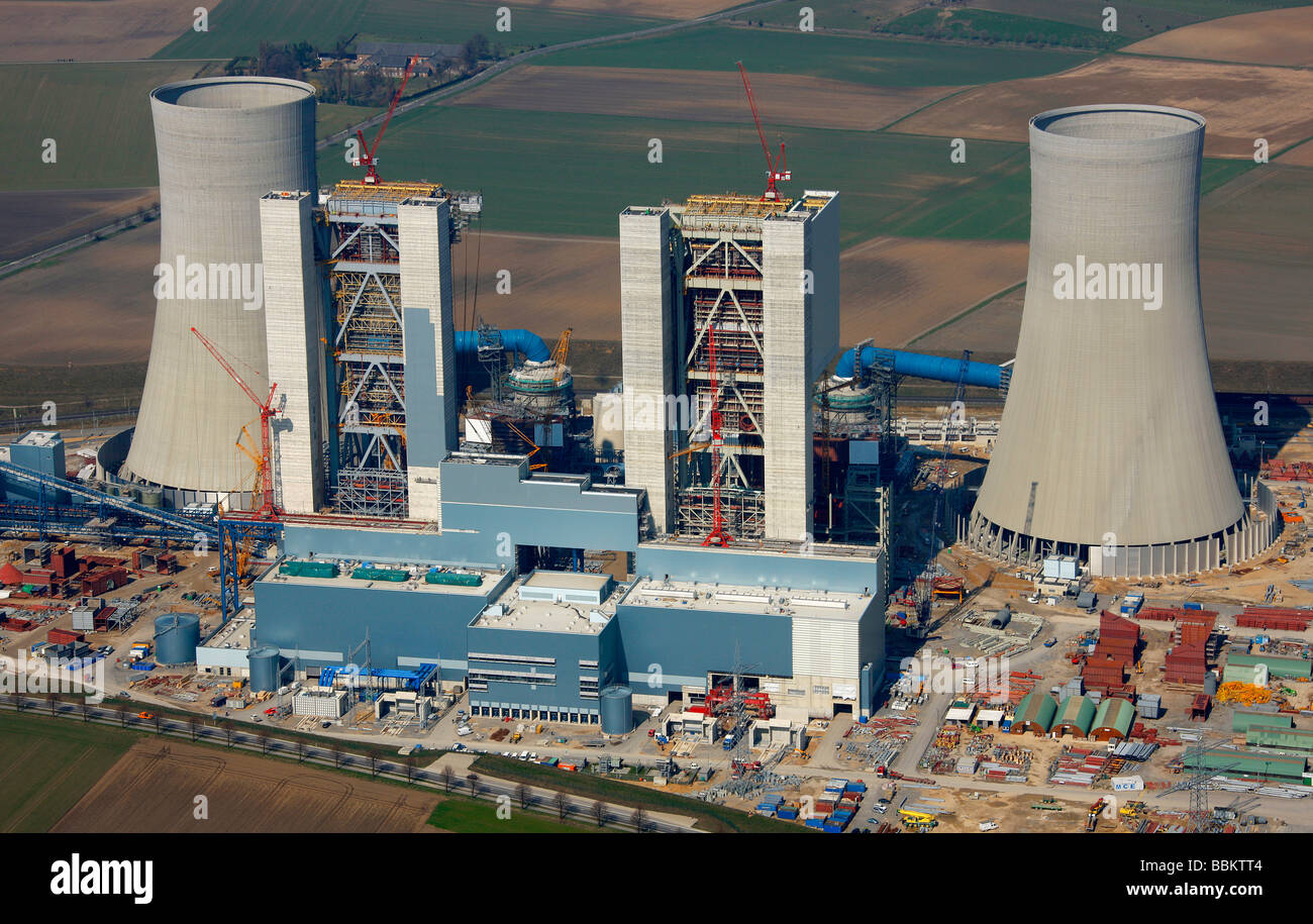Foto aérea, la central eléctrica de lignito, generando dependencia con ingeniería de sistemas optimizados, RWE Power AG, Grevenbroich-Neurath Foto de stock